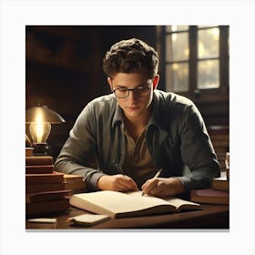 Young Man Writing In A Library Canvas Print