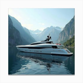 High End Yacht Anchored In A Bay With Dramatic Mountain Backdrops 1 Canvas Print