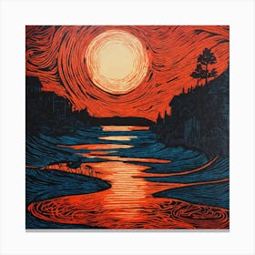 Sunrise Over The River Linocut Illustration Canvas Print
