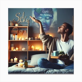 Man Sitting On Bed With Candles 1 Canvas Print