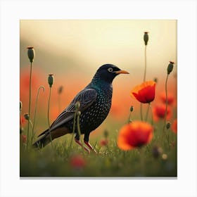 Starling In A Field Of Poppies 1 Canvas Print