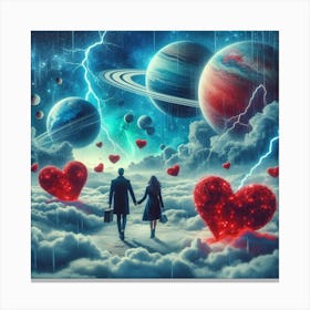 Couple Holding Hearts In The Sky Canvas Print