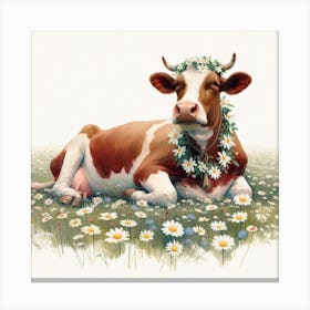 Cow With Daisies Canvas Print