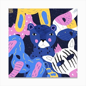 Blue Leopard Among Animal Masks Square Canvas Print