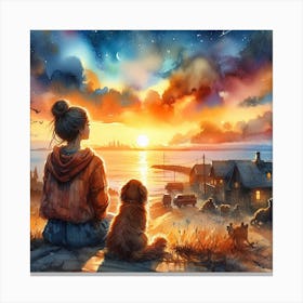 A girl watching a Sunset With her Dog Canvas Print