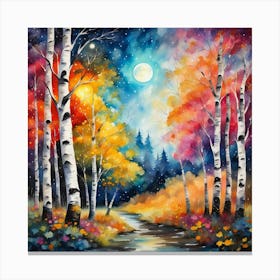 Radiant Sun: Vibrant Landscape Art with White Birch Trees and Leaves Canvas Print