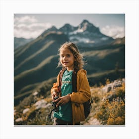 Little Girl With Camera In Mountains Canvas Print