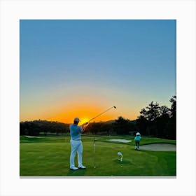 Golf Course At Sunset Golfer In Mid Swing With A Pristine White Driver Caddie Standing By With Clu (5) Stampe su tela