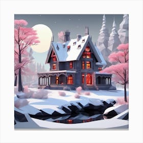 House In The Snow Watercolor Landscape 1 Canvas Print