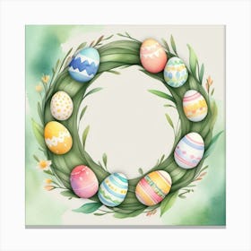 Easter Wreath With Dyed Eggs In A Watercolor Painting Style, On A Green Background With Loose Watercolor Stains Canvas Print