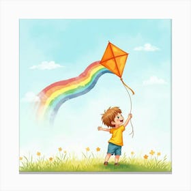 Cute Toddler Playing With A Watercolor Rainbow Kite In The Sky Canvas Print