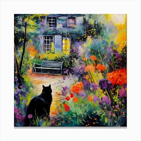 Black Cat In Monet Garden 5 Canvas Print