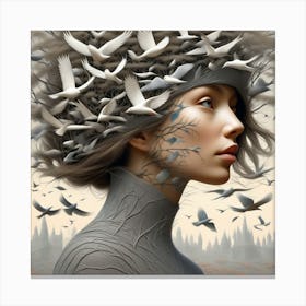 Woman With Birds On Her Head Canvas Print