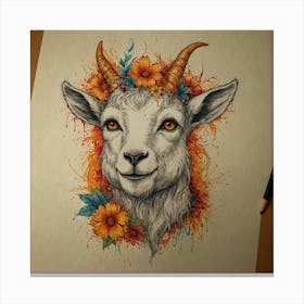 Goat Head With Flowers Canvas Print