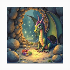 Dragon’S Lair With Shimmering Treasures, Watercolor 1 Canvas Print