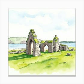 Watercolor Scene Of The Lindisfarne Priory In Northumberland, Highlighting Its Historic Ruins And Scenic Location Canvas Print