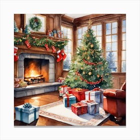 Christmas Presents Under Christmas Tree At Home Next To Fireplace Watercolor Trending On Artstatio (2) Canvas Print