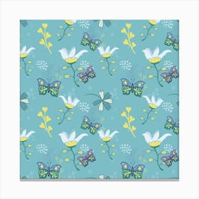 Butterflies Flowers Blue Background Spring Pattern Canvas Print