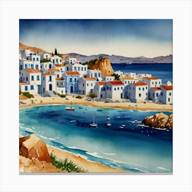 Crete, Greece.Summer on a Greek island. Sea. Sand beach. White houses. Blue roofs. The beauty of the place. Watercolor. 1 Canvas Print