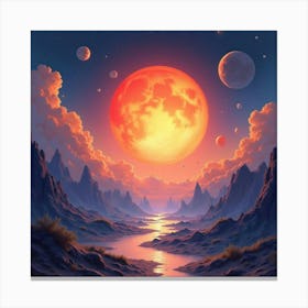 Bright Watercolor Suns Setting Over An Otherworldly Space Landscape 1 Canvas Print