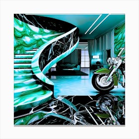 Harley Davidson Resting Infront of Billionaire's Living Room Modern Wall Art Canvas Print