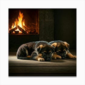 German Shepherd Puppies In Front Of Fireplace Stampe su tela