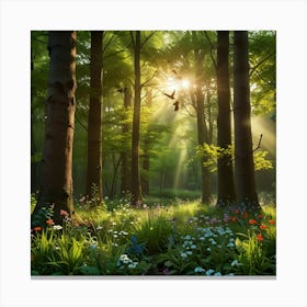 A Vibrant Springtime Forest With Fresh, Green Foliage And Blooming Flowers Canvas Print