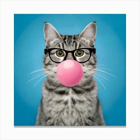 Cat With Big Bubblegum And Glasses Animal Art Print 2 Canvas Print