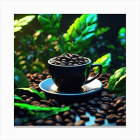 Coffee Cup With Green Leaves Canvas Print