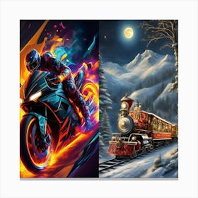 Motorcycle And A Train Canvas Print