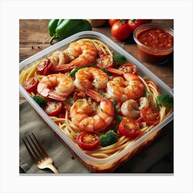 Shrimp Pasta In A Plastic Container Canvas Print