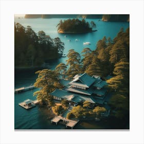 Japanese house in the middle of the sea and trees Canvas Print
