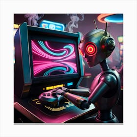 A Worn, Retro Futuristic Robot With Brass Accents And Visible Mechanical Joints Sits In A Dimly Lit, Smoke Filled Arcade, Its Glowing Red Eyes Fixed On A High Tech Video Game Console Displaying A Mesmerizing Neon Lit Virtual World (2) Canvas Print