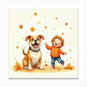 Watercolor Of A Bulldog And Child Having Fun In The Fall Leaves 1 Canvas Print