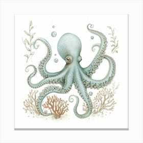 Cute Storybook Style Octopus With Plants 2 Canvas Print