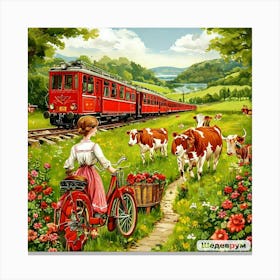 Bavaria, Cows, Red Train, Bicycle Canvas Print