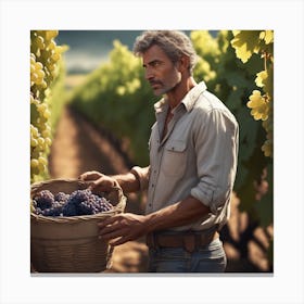 Man Picking Grapes In Vineyard Canvas Print