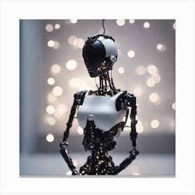 Porcelain And Hammered Matt Black Android Marionette Showing Cracked Inner Working, Tiny White Flowe Canvas Print