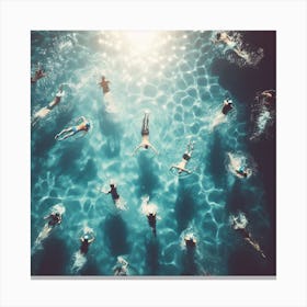 Swimming In The Pool - A group of people swimming in a pool, with the sun shining down on them and the water sparkling. The scene is captured from a bird's-eye view, giving the viewer a sense of scale and perspective. Canvas Print