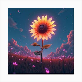 A Whimsical Sunflower With Petals Of Flowing, Neon Light In A Futuristic Field Canvas Print