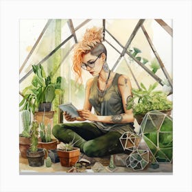 Pink Haired Girl In A Greenhouse With Succulents Watercolour Canvas Print