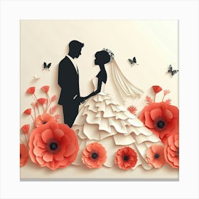 Bride And Groom Paper Art With Flowers Canvas Print