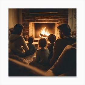 Family In Front Of Fireplace Canvas Print