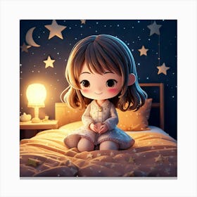 Firefly Chibi, Cute, Folded Hands, Eyes Closed, Smiling, Sitting, Bed, Edge, Stars, Moon, Decoration (8) Canvas Print