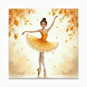 Graceful Ballerina Surrounded By Watercolor Golden Leaves 1 Canvas Print