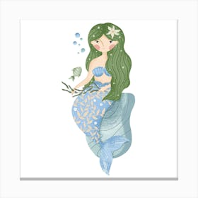 Green hair cute mermaid illustration Canvas Print