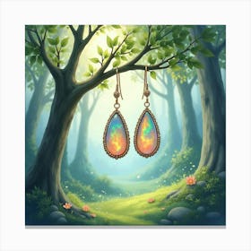 Opal Earrings, Watercolor, Enchanted Forest Scenery 1 Canvas Print