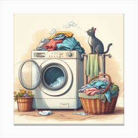 Illustration Of A Washing Machine - Laundry Machine With Cats Canvas Print