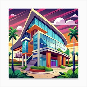 Modern Glass And Concrete House With Palm Trees Canvas Print