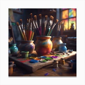 Artist's Studio- Paintbrush Pots and Paint Canvas Print